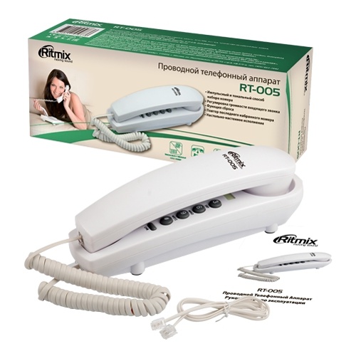 Проводной телефон Ritmix RT-005 white {повторный набор номера, настенная установка, кнопка выключения микрофона, регулятор громкости звонка}