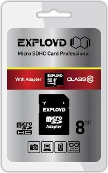 8Gb MicroSD Exployd + SD адаптер (EX008GCSDHC10-AD) SDHC, 8 Гб, чтение: 10 Мб/с, запись: 10 <noindex>Мб/с</noindex>, адаптер на SD
