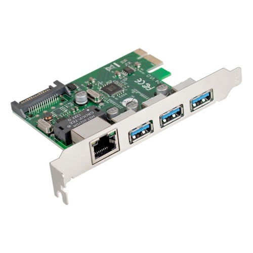 EX283714RUS Контроллер сетевой EXE-361 PCI-E 2.0, 3*USB3.0 ext + LAN UTP 1000Mbps, раз.доп.пит.OEM)