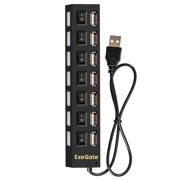 USB-Хаб (концентратор) ExeGate EX293977RUS DUB-42SW (кабель-адаптер USB2.0 --> 4xUSB2.0, кнопки включения/отключения для каждого порта, Plug&Play, черный)