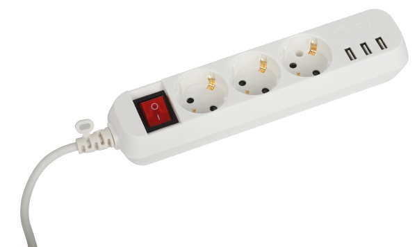 Удлинитель электрический ЭРА U-3es-1,5m-USB c заземлением с выключателем 3 розетки + 3xUSBA 1,5м 10А