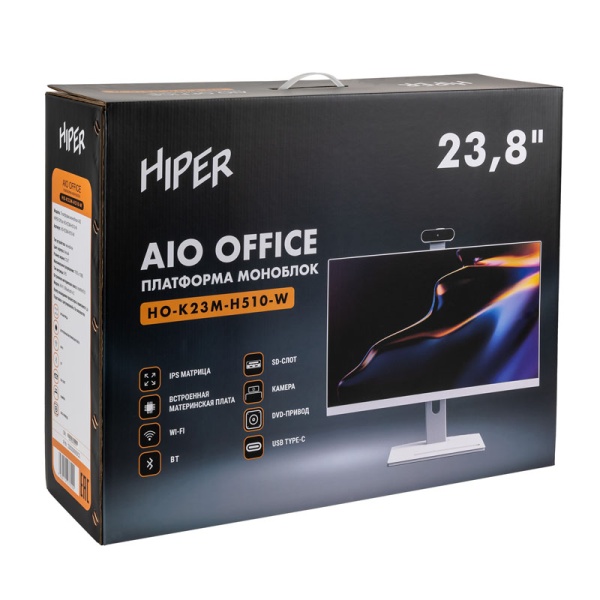 HIPER Office 23.8 (HO-K23M-H510-W) Intel CPU не установлен, RAM не установлена, без HDD, DVD-RW, Wi-Fi, Bluetooth, без ОС, 23.8" (1920x1080 Full HD)