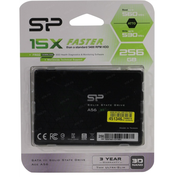 SSD Silicon Power 256Gb Ace A56 (SP256GBSS3A56B25) внутренний 2.5", 256 Гб, SATA-III, чтение: 460 МБ/сек, запись: 430 <noindex>МБ/сек</noindex>, TLC