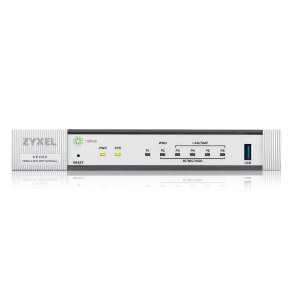 Межсетевой экран Zyxel NSG50 Nebula 4 порта Ethernet 1 Гбит/с, 1 uplink/стек/SFP (до 1 Гбит/с), USB-порт, 2048 МБ RAM, Firewall, DHCP-сервер, размеры 216 x 33 x 143 вес 1.04 кг