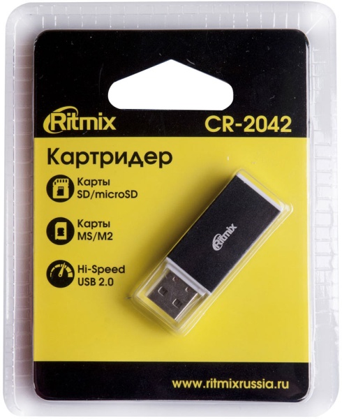 Кардридер Ritmix CR-2042 Black внешний подключение через USB 2.0, поддержка SD, microSD, Memory Stick, Memory Stick Duo